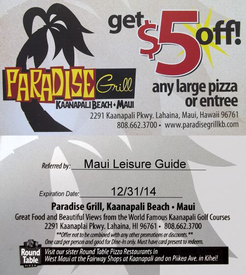 Paradise Grill, Kaanapali Beach, Maui Discount Coupon